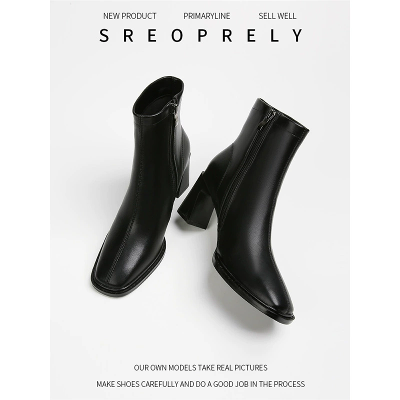 Простые короткие сапоги для женщин 2023 Новые осенне-зимняя боковая молния женские сексуальные сапоги на толстом каблуке с квадратным носком на тонком высоком каблуке