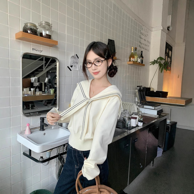 College-style Navy Collar Knitted Sweater Women's Spring Design Niche Long-sleeved Base Shirt Short Slim-fit Top