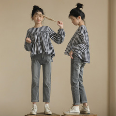 Japanese-style literary long-sleeved doll shirt, cotton, autumn and winter, medium and large women's children, black and white checkered top, loose, petite shirt, cross-border