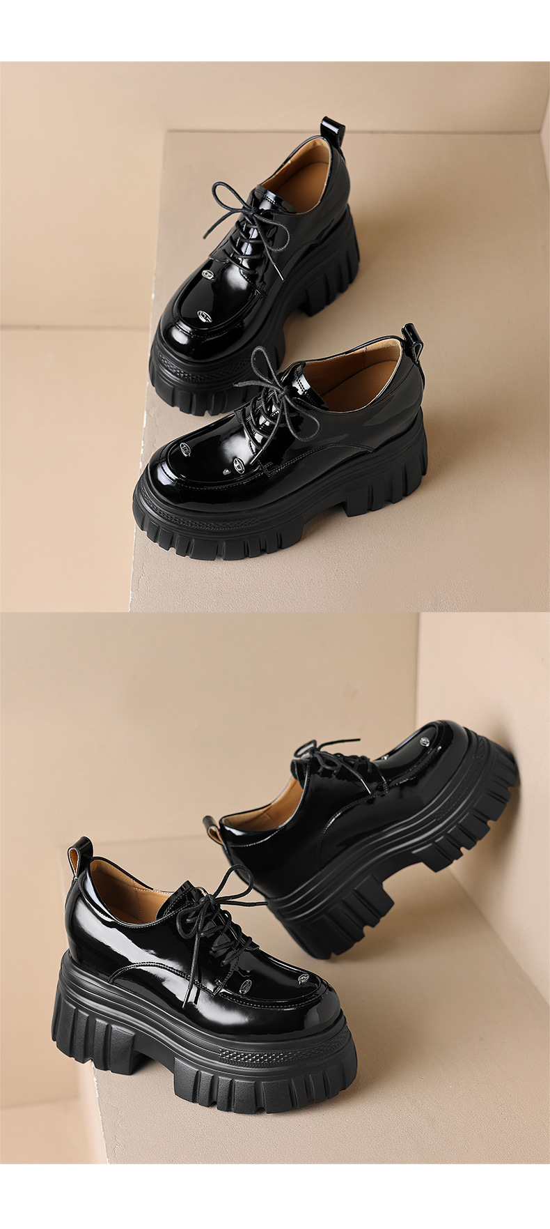 Giày loafer nữ đế xuồng dây buộc phong cách Anh quốc — màu đen chi tiết 14