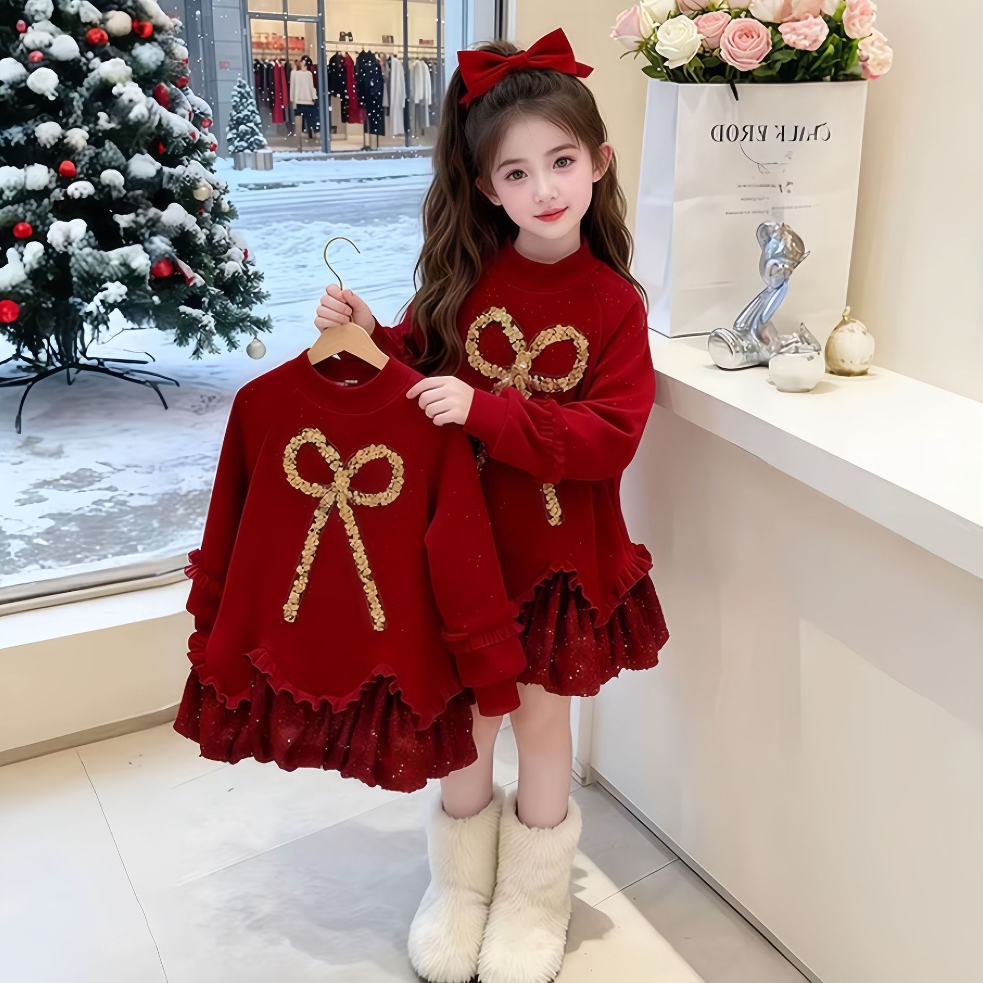 2025 New Year Red Dress for Girls, Princess Style Sweater Dress, Children's New Year Outfit, Christmas Atmosphere Dress