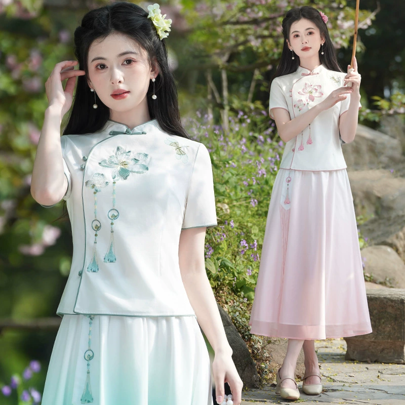 Новый китайский стиль, ретро-вышитый костюм Тан с короткими рукавами и элементами Хань, улучшенный тонкий топ Cheongsam династии Хань, чайный костюм в китайском стиле