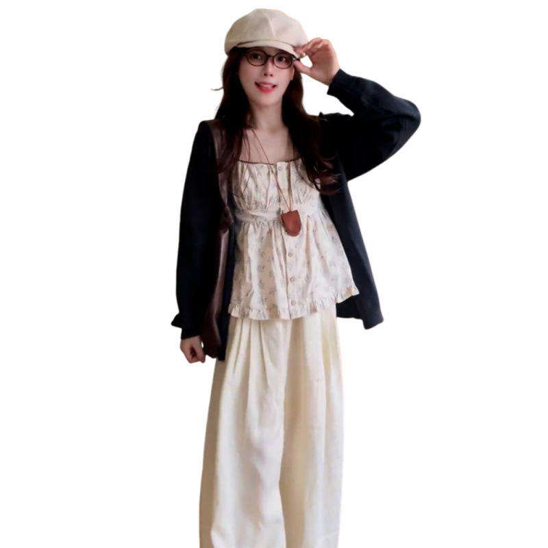 早秋韩系休闲穿搭一整套女夏季2025新款显瘦黑色开衫碎花吊带套装|undefined