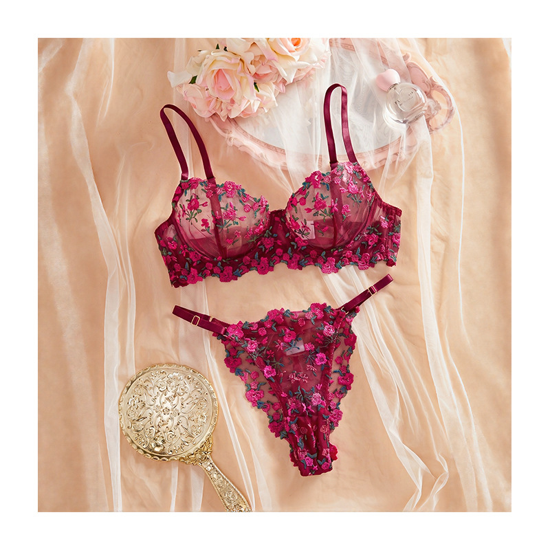 Cross-border nuevo sexy dulce flor triturada sujetador francés se reúne ultra delgado con anillo de acero puro para coquetear sexy ropa interior mujer