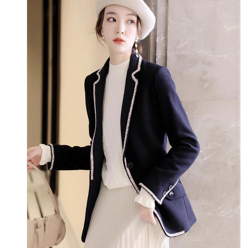 Japanese-style Blue Contrast Woven Side Chanel-style Slim-fit Slim-fit Small Suit Wool Jacket Women's Top