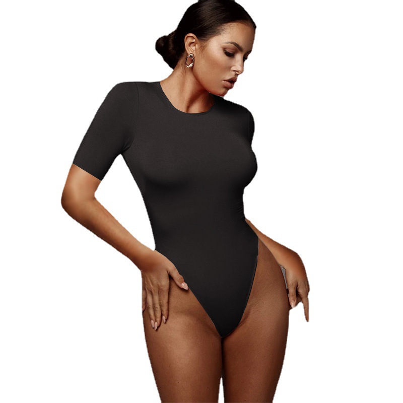 Women's casual half sleeve base top tight sexy jumpsuit_voghion.com