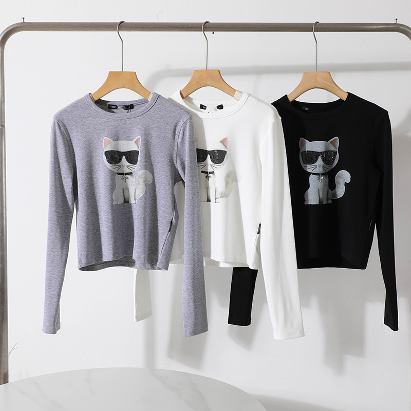 American-style K-er~ Women's elastic cotton printed and rhinestone-studded cartoon cat round-neck casual short-sleeve T-shirt 2751