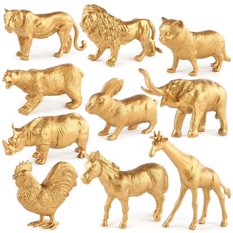 跨境新款黄金动物系列摆件玩具仿真老虎狮子大象犀牛静态桌面模型