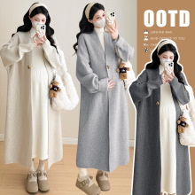 孕妇装秋冬加厚气质一粒扣v领宽松开衫外套+打底连衣裙潮妈两件套