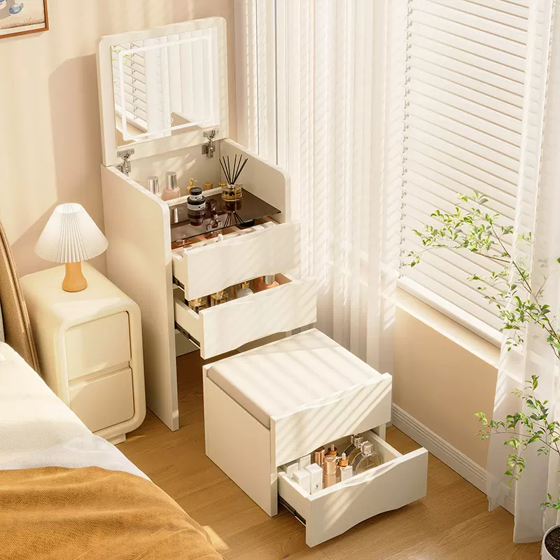 小型翻盖梳妆台现代简约收纳柜一体化妆台斗柜奶油风床头化妆桌子