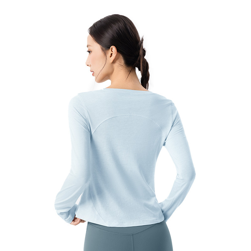跨境圆领透气瑜伽服长袖女修身显瘦普拉提健身服跑步训练运动上衣|undefined