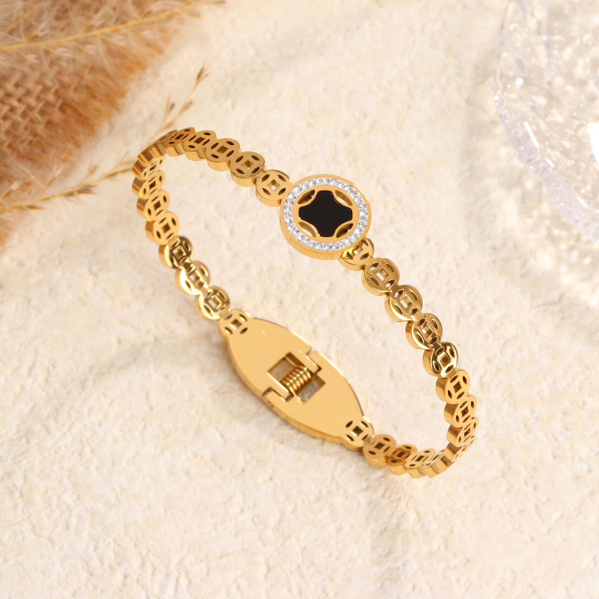 Diamond Encrusted Black Shell Bangle For Women Luxury Bracelet_voghion.com