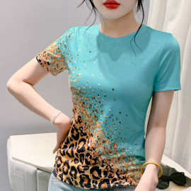 欧洲站女装批发工厂斜边豹纹拼接撞色上衣半袖薄款印花打底小衫女