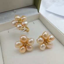 五瓣花耳钉天然淡水珍珠耳钉仙女风简约气质轻奢手工编织小众设计