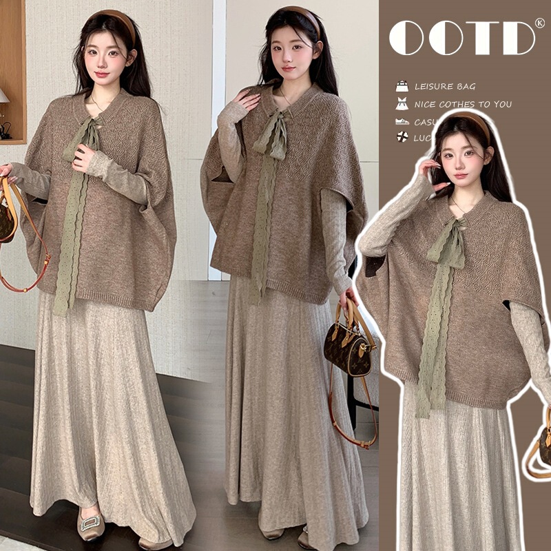 Real shot: Atmospheric vintage cape coat + long skirt two-piece set for pregnant women, oatmeal-colored cape with long cotton sleeves