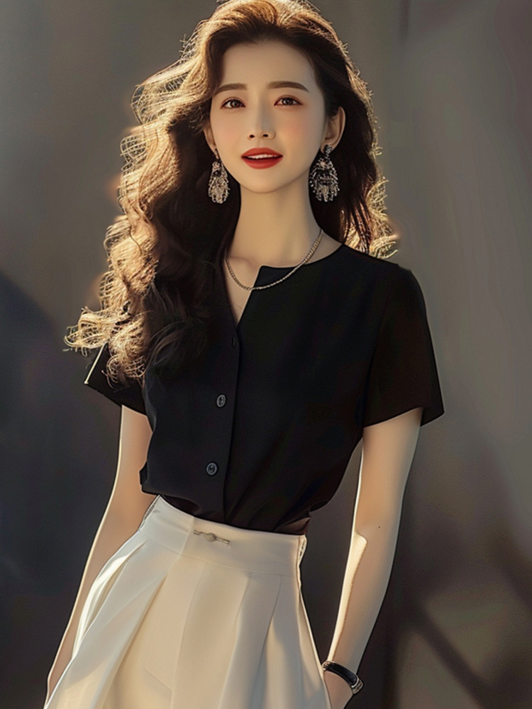 Set áo sơ mi đen phối chân váy midi thanh lịch nữ — màu đen