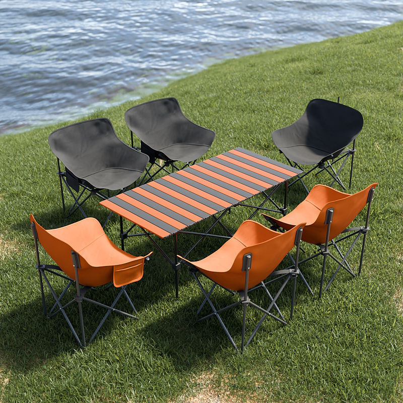 2025 업그레이드 강화모델 + 휴대용 수납벨트 - 블랙과 오렌지 조합 [120*55*50cm 긴 테이블] + 의자 6개