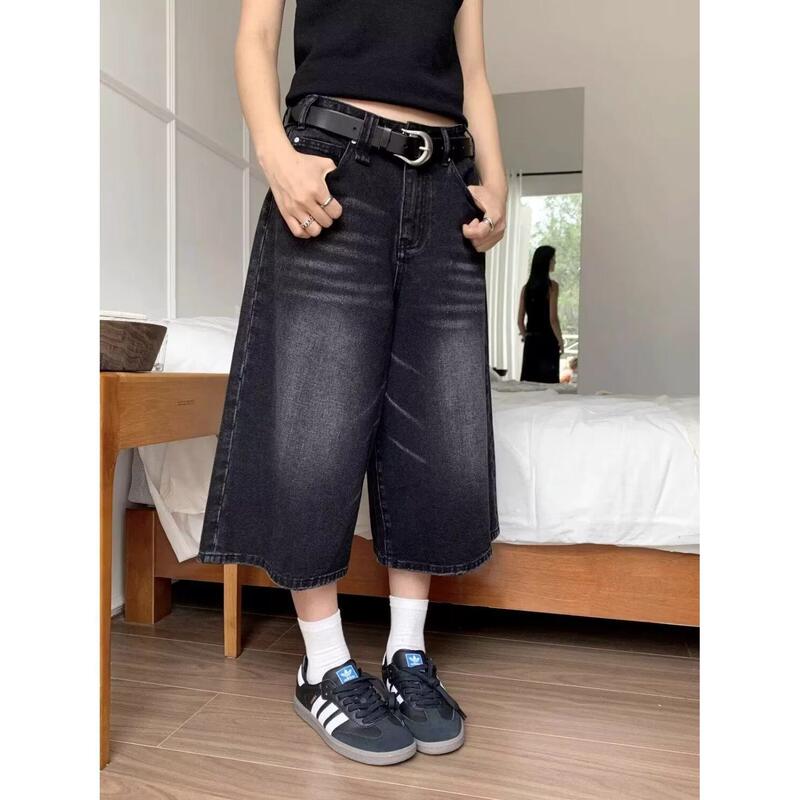 American-Style Black Denim Cropped Pants for Women, Summer New Retro Mid-Length Pants, Plus-Size Loose Versatile Slimming Straight-Leg Pants