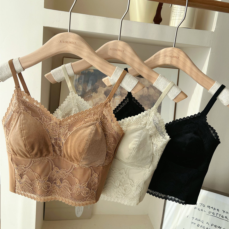 秋冬内搭丝绒磨毛保暖美背吊带背心女打底文胸一体带胸垫抹胸内衣|undefined