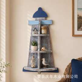 跨境木质地中海风多层置物架家用装饰隔板架北欧风实木墙面收纳架