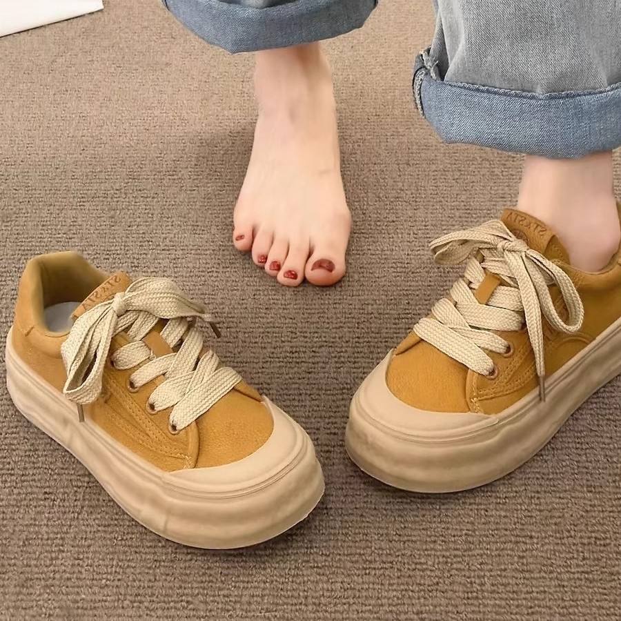 Women's 2025 New Spring/Summer Versatile Korean Style Thick-Soled Platform Round-Toe White Casual Fashion Sneakers