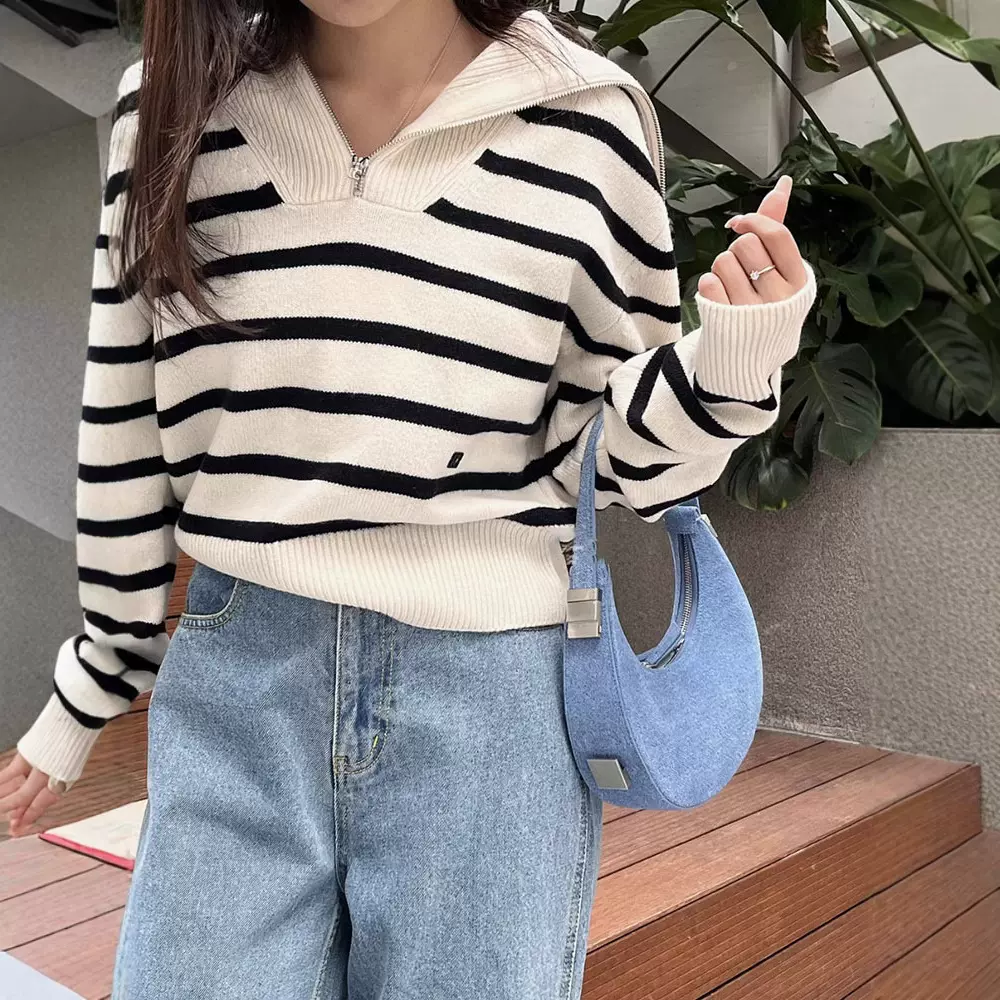 现货 lowclas*ic条纹翻领针织衫上衣秋季女新款韩系女装东大门毛