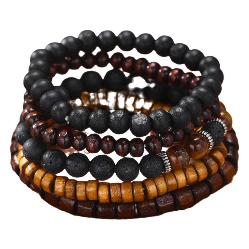 Amazon transfronterizo Venta caliente pulsera de cuentas hechas a mano estilo retro de los hombres multi-capa hilo elástico cuentas de madera pulsera de concha de coco