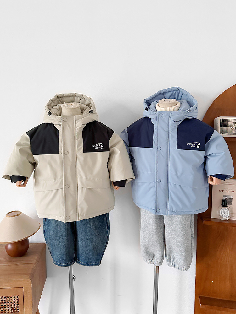 Wind Valley 2025 nuevo invierno para niños coreanos color contrastante chaqueta de plumón chaqueta de asalto con capuz chaqueta gruesa image 5