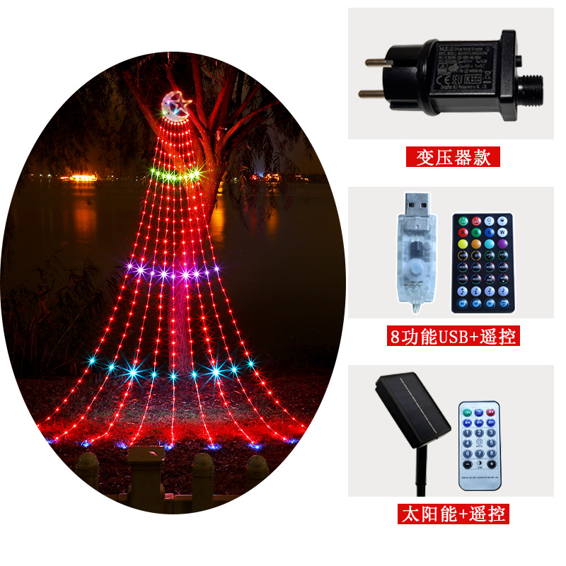 Luna nueva estrella de cinco puntas cascada luz Navidad estrella Luna al aire libre impermeable solar control remoto agua luz decorativa