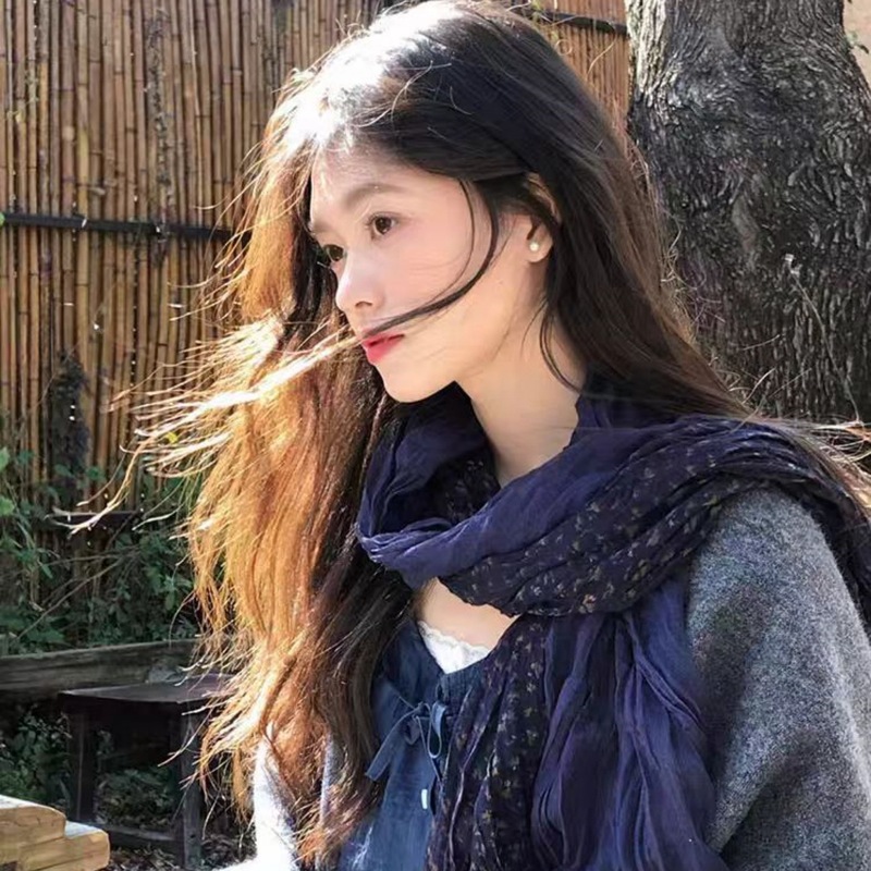 森系文艺复古藏蓝色碎花围巾女薄款褶皱棉麻长款丝巾披肩拍照配饰|undefined