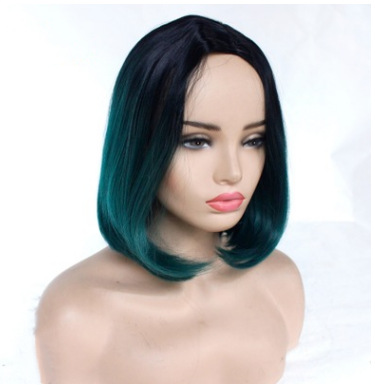Mecánica cubierta de cabeza popular negro gradiente verde oscuro inclinado BOBO cabello recto fibra química de alta temperatura peluca de seda LW0186