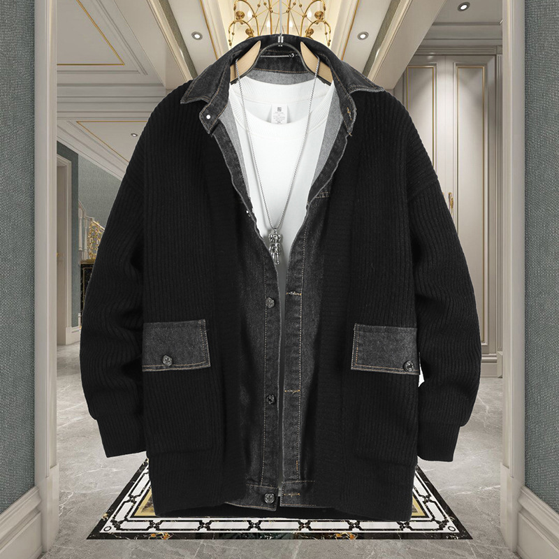 Spring and Autumn Denim Patchwork Fake Two-Piece Cardigan Sweater Jacket for Men, Designer Knitwear, Casual Loose Knit Sweater Spring and Autumn Denim Patchwork Fake Two-Piece Cardigan Sweater Jacket for Men, Designer Knitwear, Casual Loose Knit Sweater