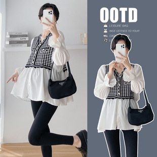 Pregnant women's clothing 2024 autumn new Korean fashion net popular foreign style stitching long sleeve top belly short dress