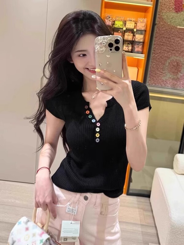6723 # 韓国ドーパミンウェアカラーボタン右肩ピンクTシャツレディース夏スリムショートVネック|undefined