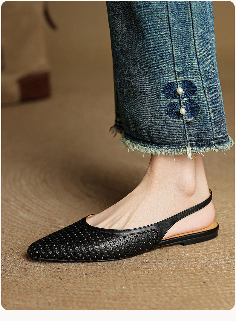 Sandal nữ da bò mũi kín quai sau đế bệt phong cách Hàn Quốc — đen chi tiết 19