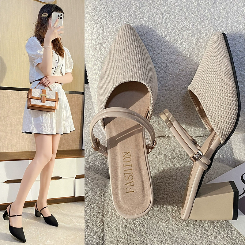 Тапочки Tapex на толстом каблуке, сандалии с полуперетаскиванием женские лето 2023 новая дышащая ткань