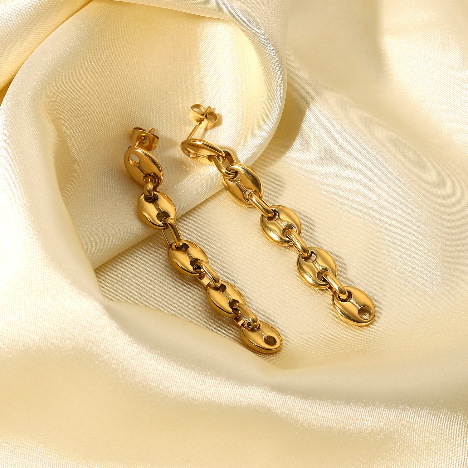 simple 18K gold coffee beans shaped long chain stainless steel earringspicture1