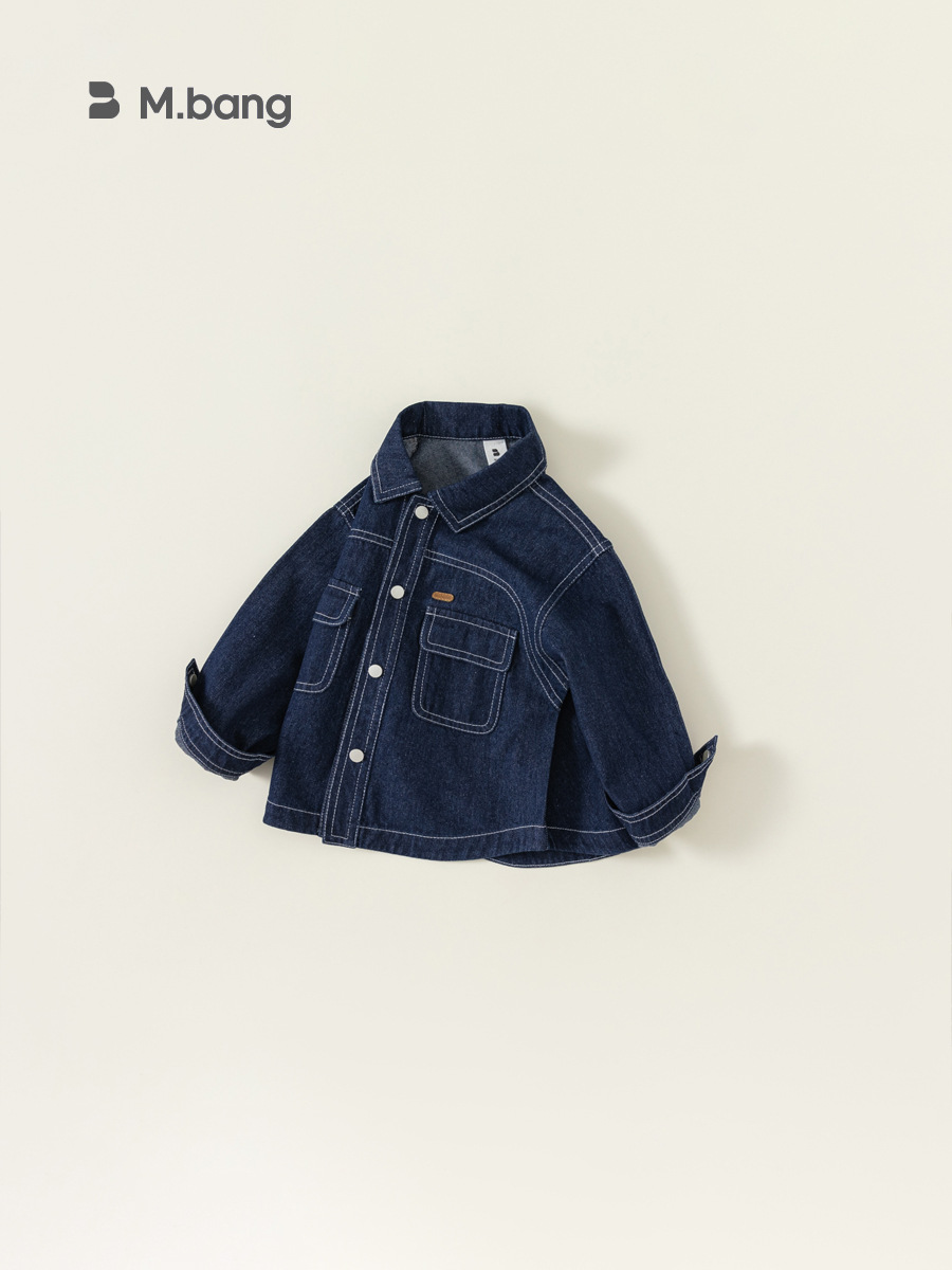 Ropa infantil Bangxuan, chaqueta para niños, camisa con costuras decorativas y cuello vuelto, ropa de mezclilla de manga larga para primavera y otoño, top para niñas
