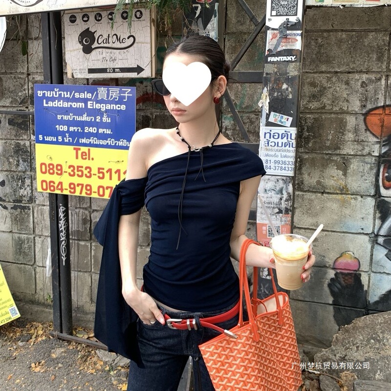 Irregular Ribbon Design Slimming Short Sleeveless T-Shirt for Women, Summer Fitted Off-Shoulder Top, Base Shirt