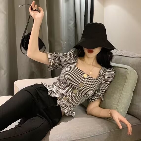 2023 Summer New Slim Fit Ruffled Plaid Shirt Short Sleeve Backless Blouse Women's Fashion