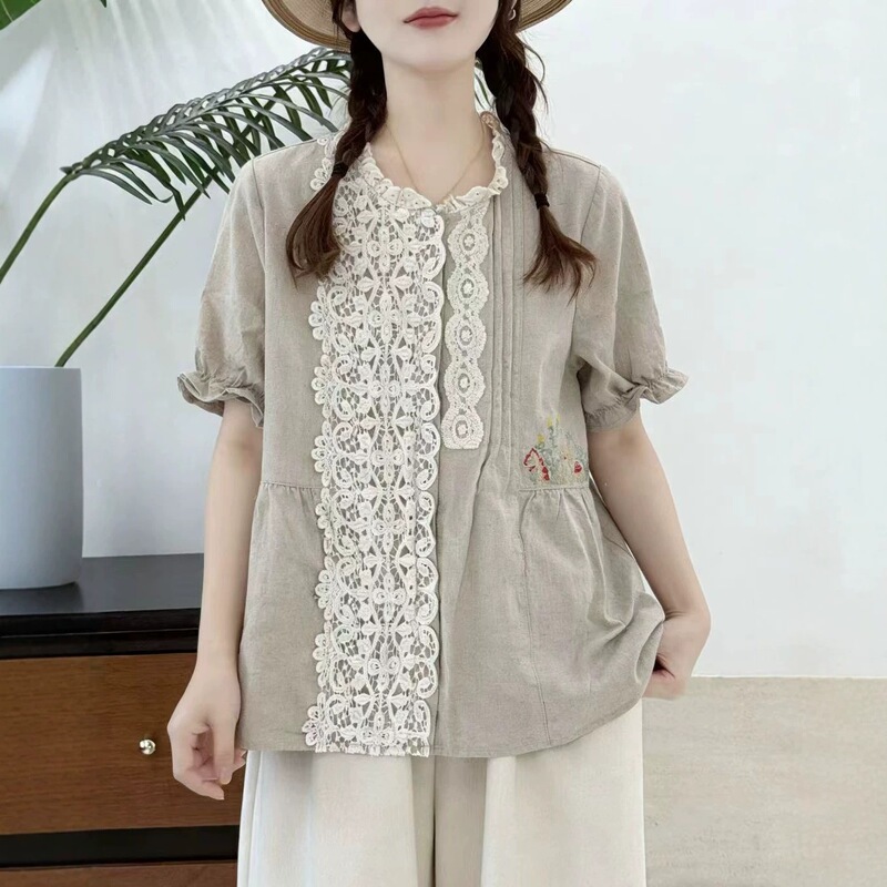 Embroidered Plaid Lace Patchwork Short-Sleeve Shirt 2026 Japanese Mori Girl Style Round Neck Youthful Versatile Loose Top for Women Embroidered Plaid Lace Patchwork Short-Sleeve Shirt 2026 Japanese Mori Girl Style Round Neck Youthful Versatile Loose Top for Women