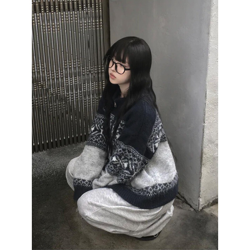 Autumn New Style Fair Isle Snowflake Knitted Zipper Sweater, Warm and Soft Retro Casual Loose Sweater Jacket for Women
