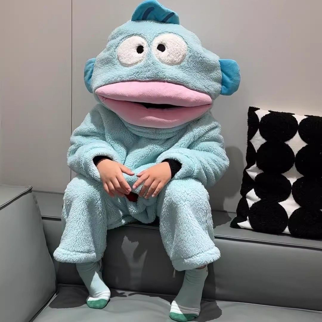 Children's Hanton Ugly Fish One-Piece Pajamas Women's Coral Velvet Thickened Big Mouth Fish Pajamas Autumn and Winter Cartoon Funny Pajamas