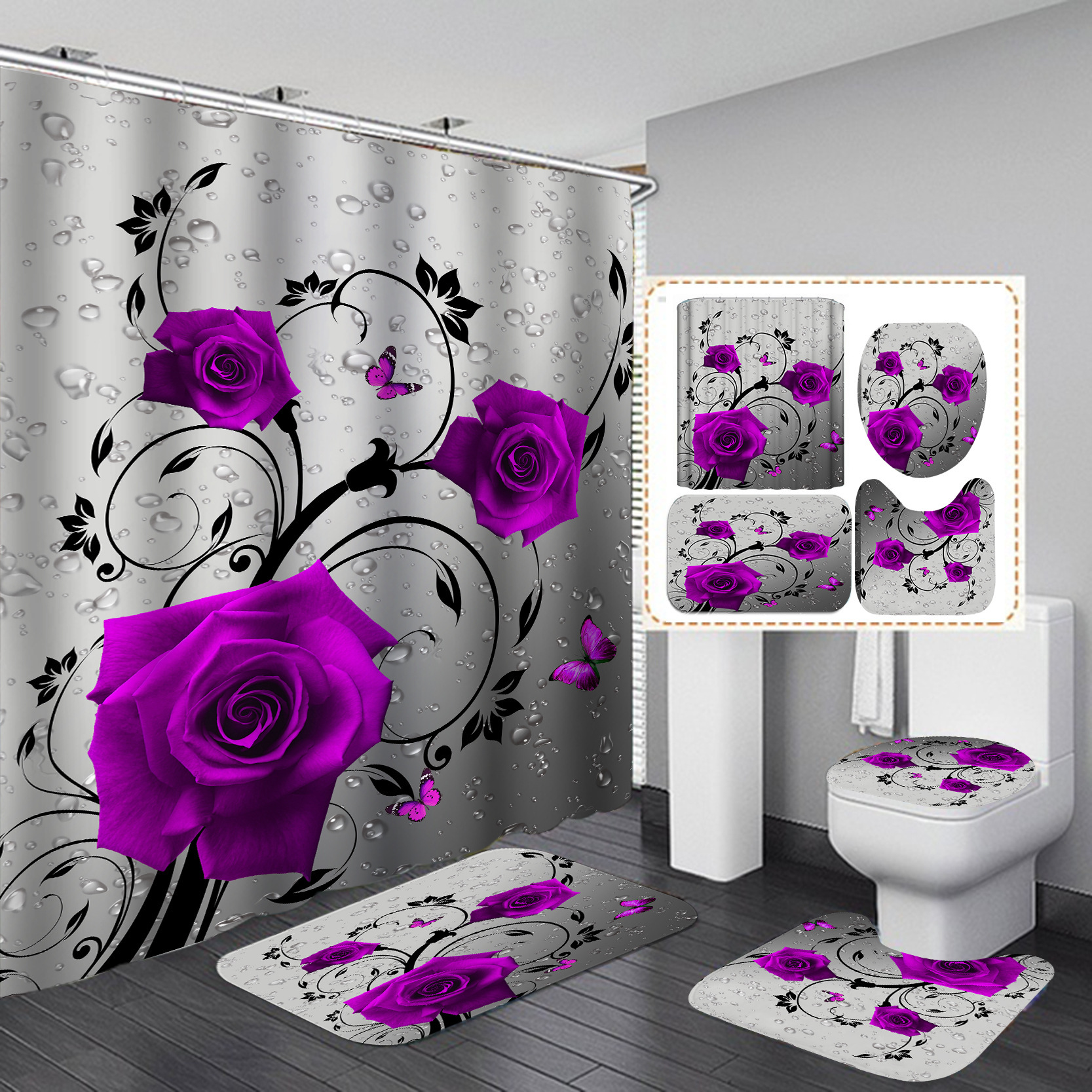 Cortina de ducha con estampado digital de rosas, impermeable, para baño, venta al por mayor, para hoteles, sin necesidad de taladrar, directamente del fabricante.