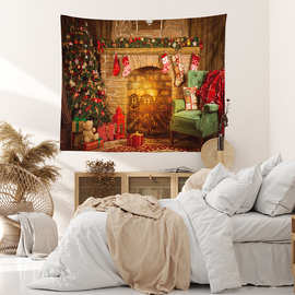 跨境专供 圣诞节圣诞树壁炉图案印花挂毯装饰背景布