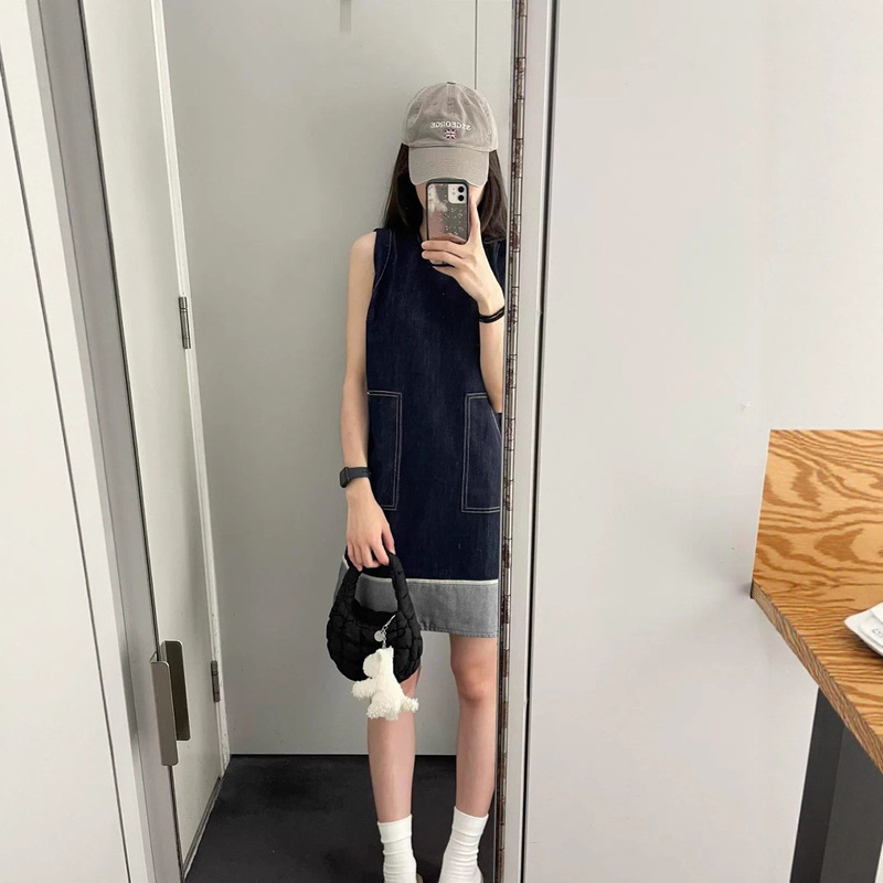 Retro Double Original Cow Series·2025 New Summer Contrast Color Stitching Denim Sleeveless Dress