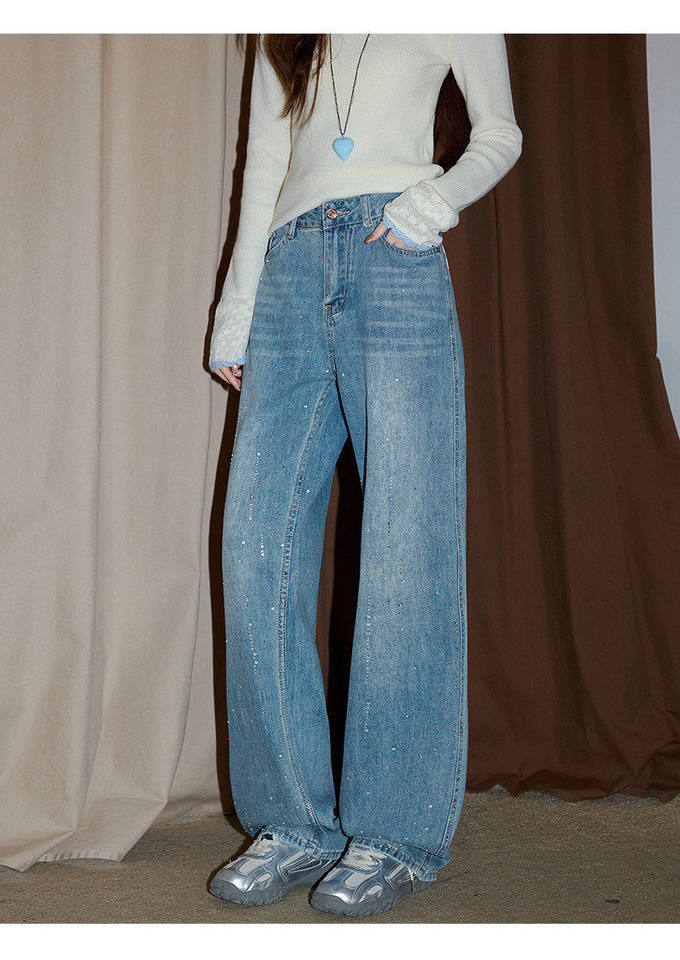 Quần jeans nữ cạp cao ống loe nhẹ đính đá, form ôm vừa, phong cách thường ngày — Màu be [bình thường], Màu be [kéo dài], Màu xanh nhạt [bình thường], Màu xanh nhạt [người đàn ông nhỏ] chi tiết 33