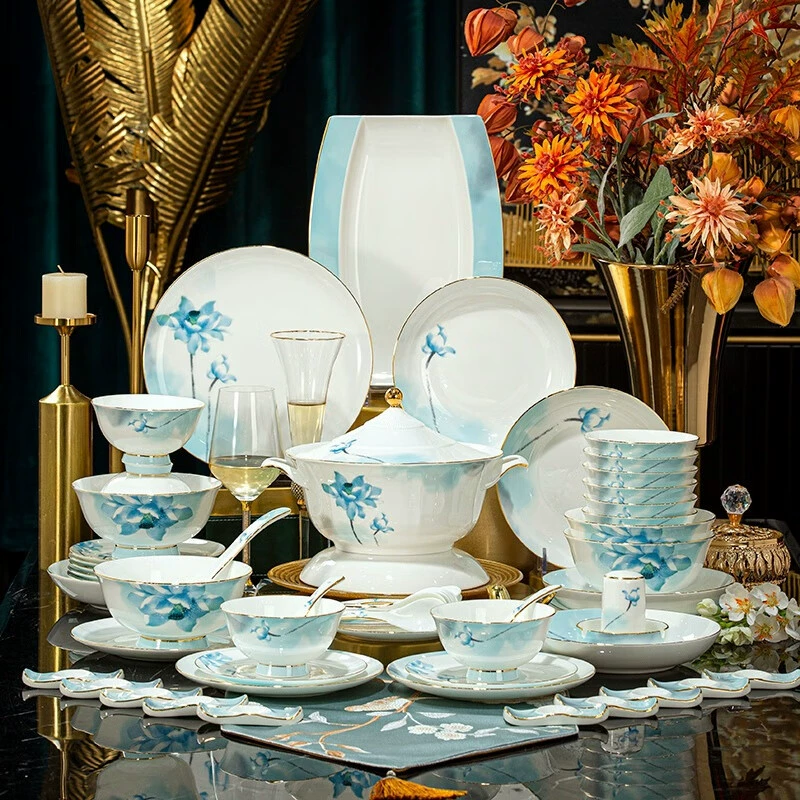 Jingdezhen high-end embossed gold-rimmed dishes and plates household ceramic tableware set underglaze color ceramic housewarming gifts