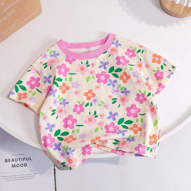 Girls' short-sleeved T-shirt, new summer style, Korean fashion, stylish floral print, all-over print, versatile top.