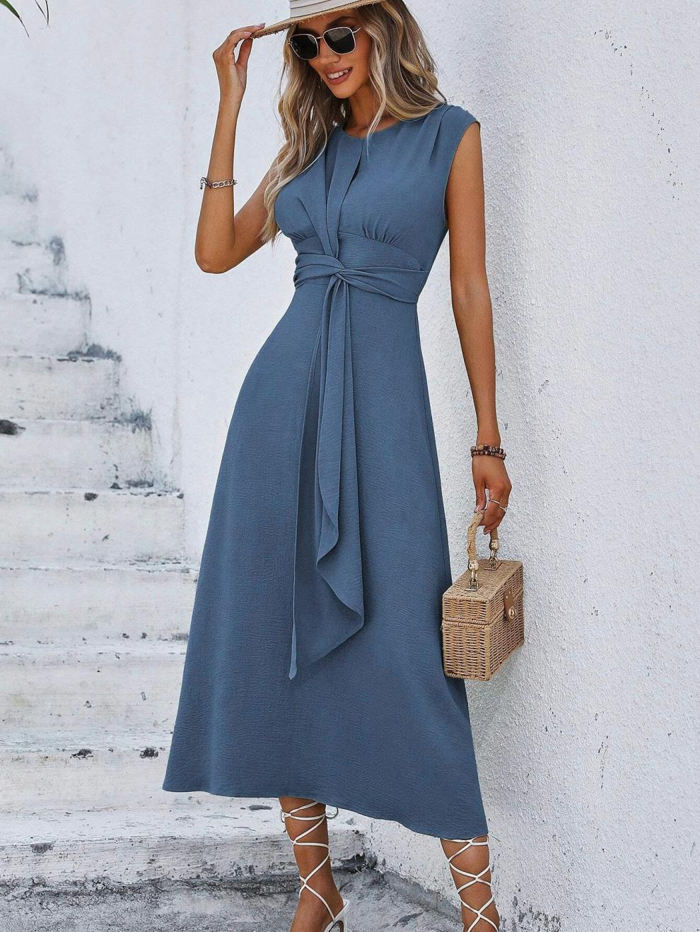 327g Weight Midi Dress Dress Length Type Sleeveless Sleeve Length Sheath Dress Dresses Type Sleeveless Sleeve Type Polyester Fabric Type Elastic Waist Waist Line Holiday Occasion Round Neck Neckline Regular Fit Fit Type Solid Color Pattern Summer Season Women's Gender Streetwear Style Wholesale Women's Streetwear Solid Color Holiday Round Neck Sleeveless Sheath Dress 23